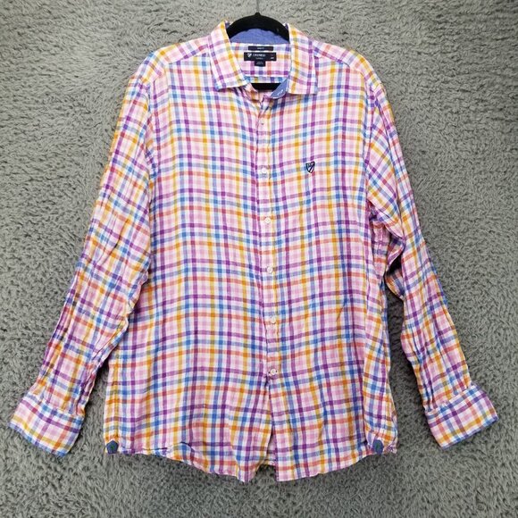 Cremieux Shirt Mens XL Purple Plaid 100% Linen Slim Long Sleeve Button Up - Picture 1 of 11